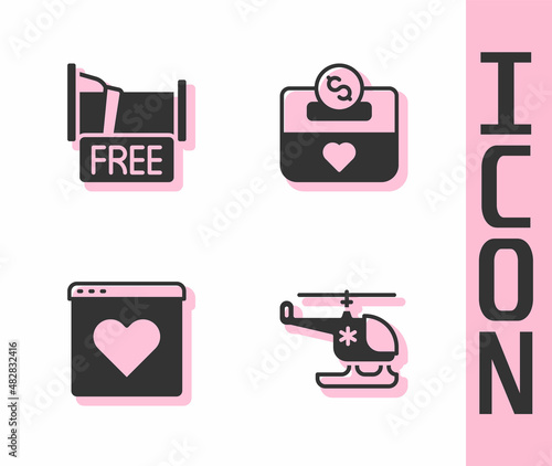 Set Rescue helicopter, Free overnight stay house, Dating app online and Donation and charity icon. Vector