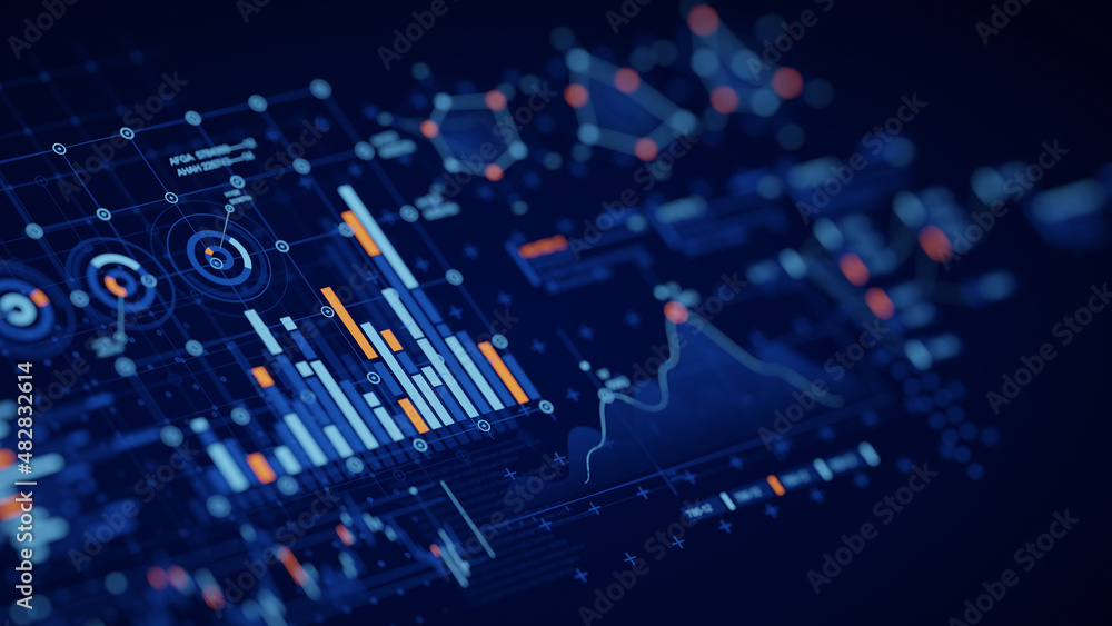 Financial data document graph chart report statistic marketing research development  planning management strategy analysis accounting. Financial business technology hologram concept. 3d rendering. - obrazy, fototapety, plakaty 