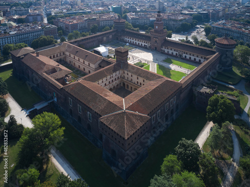 The main Italian castle in Milan. The residence of the dukes of Milan of the Sforza dynasty in Milan. Castello Sforzesco aerial view. Top view of the Sforzesco castle in Milan Italy.