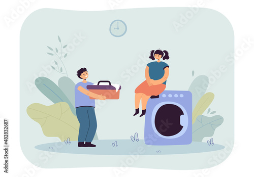 Cute children doing laundry together. Girl sitting on washing machine, boy holding dirty linen flat vector illustration. Housework, childhood concept for banner, website design or landing web page