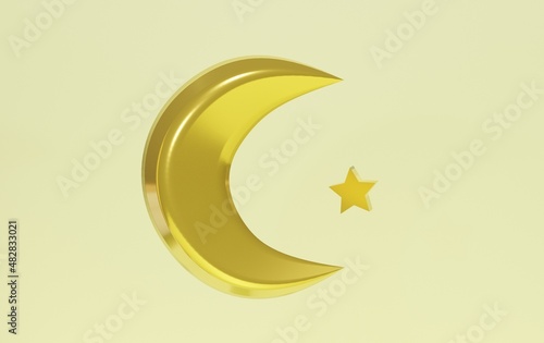 3D crescent moon and star on yellow background, ramadan theme. 3d rendering illustration
