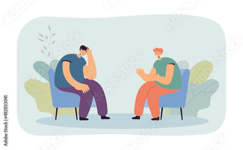 Sad client talking to psychologist during therapy session. Man comforting friend flat vector illustration. Psychology, support, mental health concept for banner, website design or landing web page