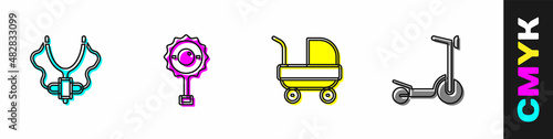 Obraz na plátně Set Slingshot, Rattle baby toy, Baby stroller and Roller scooter icon