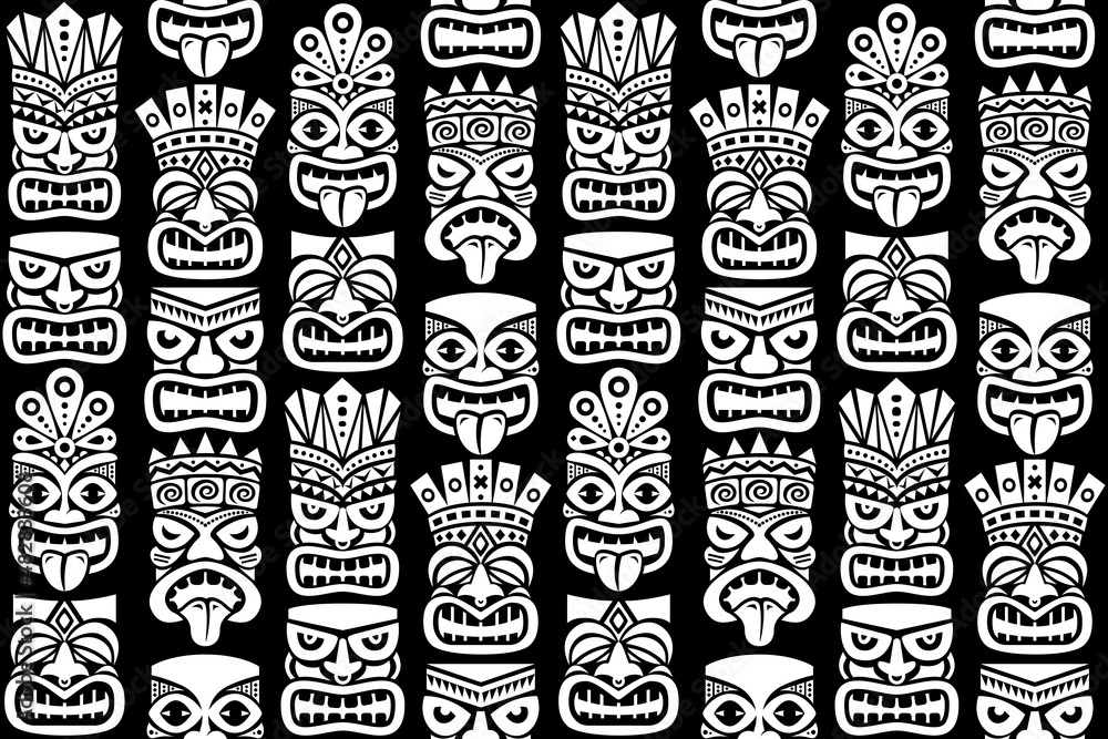 Tiki pole totem vector seamless pattern - traditional statue or mask repetitve design from Polynesia and Hawaii in white on black
 - obrazy, fototapety, plakaty 