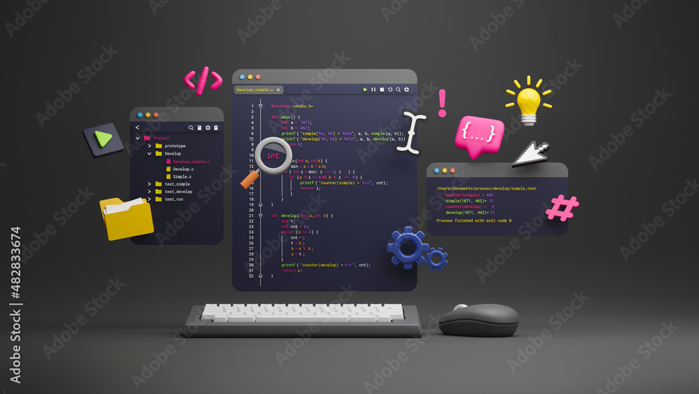 Programmer developer typing script source languages coding symbols icon development project data programming software engineering IT technologies computer. 3d rendering. Programmer developer typing script source languages coding symbols icon development project data programming software engineering IT technologies computer. 3d rendering.