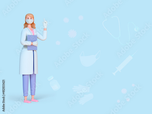 3d render doctor. Attention. Doctor of medicine woman wearing mask, gloves points up with her finger. Medical clipart on blue abstract background. 3d illustration