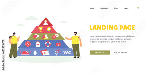 Tiny people with Maslow pyramid of basic needs. Self-actualization, growth, love, wellness and physiological needs flat vector illustration. Sociology, psychology concept for banner, website design
