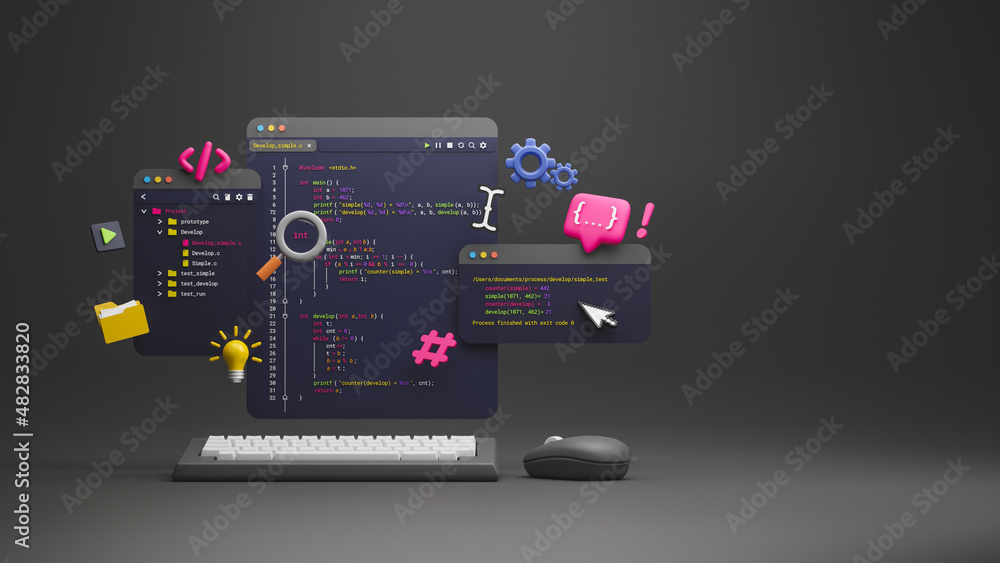 Programmer developer typing script source languages coding symbols  icon development project data programming software engineering IT technologies computer. 3d rendering. - obrazy, fototapety, plakaty 