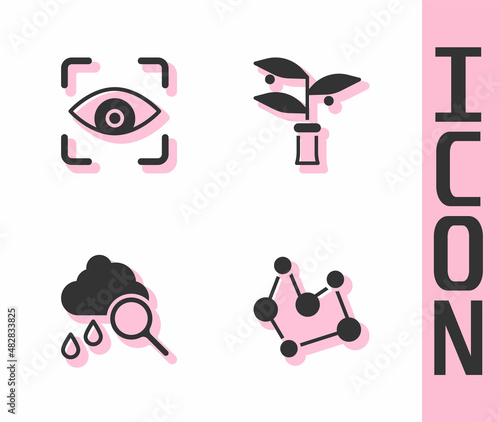 Set Chemical formula, Eye scan, Cloud with rain and Plant breeding icon. Vector