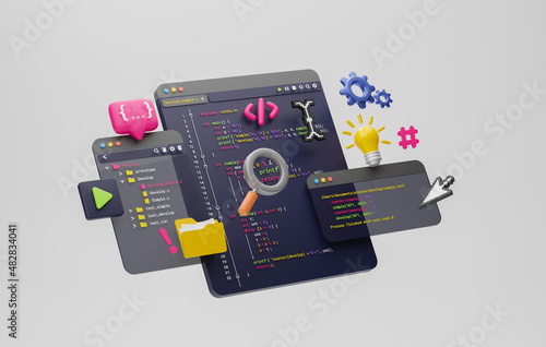 Programmer developer typing script source languages coding symbols  icon development project data programming software engineering IT technologies computer. 3d rendering. photo