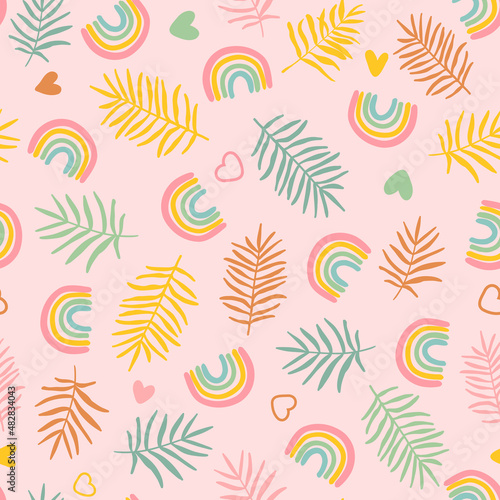 Cute rainbows with hearts and palm leaves seamless repeat pattern. Random placed, vector love, botany and weather elements all over surface print on pink background.