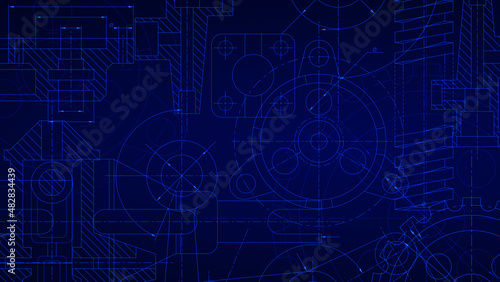 Fotografie Blueprints engineer technician design drawing mechanical gear engineering Engine factory Industry Industrial technology project abstract presentation cover banner background