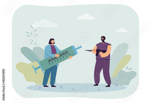 Terrorist threatening nurse holding giant syringe with gun. Anti-vaccination movement flat vector illustration. Vaccination, violence concept for banner, website design or landing web page