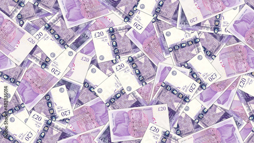 Rectangular illustration seamless pattern or wallpaper. Scattered paper money of England. UK banknotes of 20 pounds. Bills of obverse and reverse photo