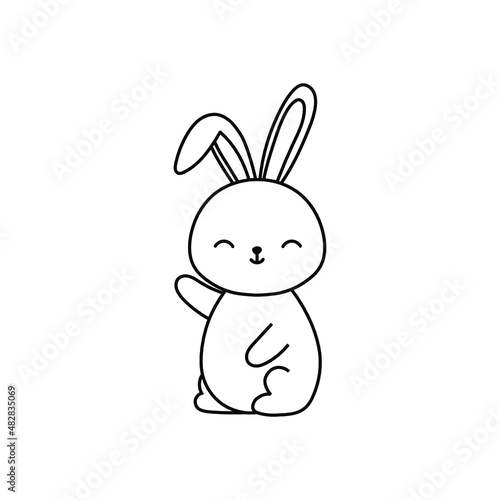 Cute sitting bunny, black and white rabbit waving paw