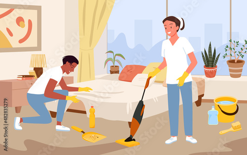 Cleaning service, complex cleanup and housework by team of professional workers vector illustration. Cartoon maid holding vacuum cleaner, man and woman in gloves clean floor of bedroom background