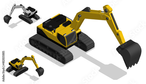 Isometric Heavy excavator machine for construction and earthworks. Industrial machinery and equipment. Realistic 3D Vector Isolated on white back photo