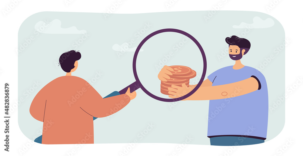 Smiling man giving stack of coins to broker with magnifier. Loan repayment or debt recovery scene flat vector illustration. Finances, investment concept for banner, website design or landing web page