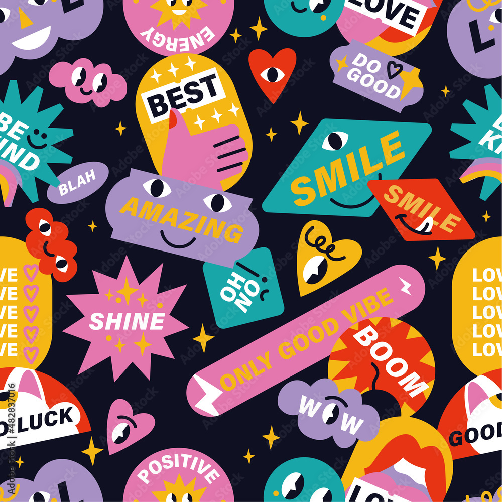 Fototapeta premium Vector illustration set of positive and funny stickers, pins or patches with motivation phrases. Seamless patterns.