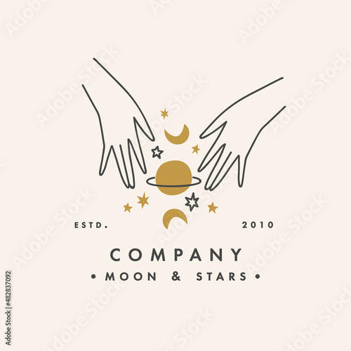 Vector design linear template logo or emblem - hands folded in prayer with planet and moon sign. Abstract symbol for cosmetics and packaging or beauty products.