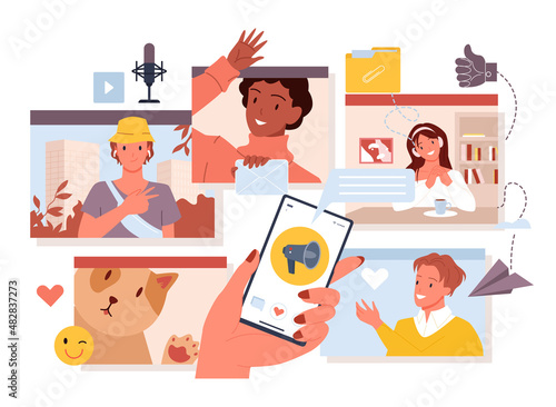 Cartoon computer window with different people in distant conference. Online communication, teleconference concept. Video call, voice chat with messages from family and friends vector illustration