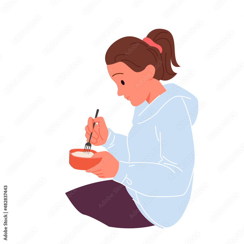 Girl eating fresh food from lunch box vector illustration. Cartoon hungry teenager sitting alone with red plastic container to eat meal, school kid dining with fork in lunchtime isolated on white Girl eating fresh food from lunch box vector illustration. Cartoon hungry teenager sitting alone with red plastic container to eat meal, school kid dining with fork in lunchtime isolated on white