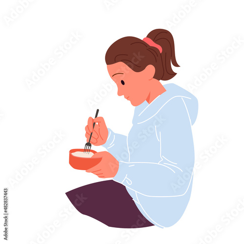 Girl eating fresh food from lunch box vector illustration. Cartoon hungry teenager sitting alone with red plastic container to eat meal, school kid dining with fork in lunchtime isolated on white