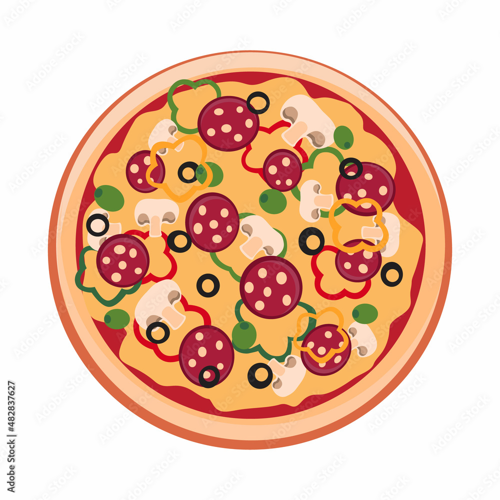 Pizza with mushrooms, sausage, olives and pepper. Vector illustration in a flat style on a white background. Top view. Pizza with mushrooms, sausage, olives and pepper. Vector illustration in a flat style on a white background. Top view.