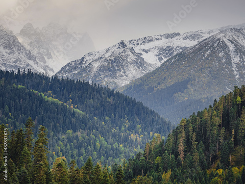 Fototapeta Naklejka Na Ścianę i Meble -  Amazing highlands autumn day. trees on edge of hill in fall colors. Travel to the North Caucasus, Arkhyz, Russia, road to Dukkinsky lakes.