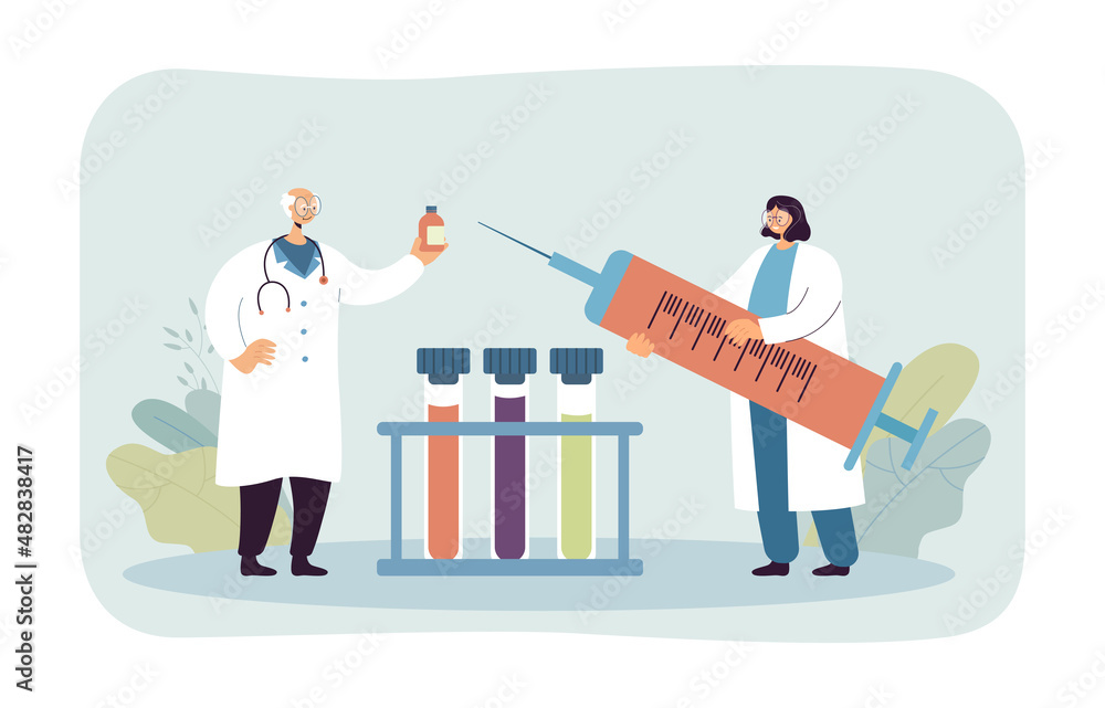 Cartoon doctors or scientists working on vaccine in laboratory. Medical professional holding huge vaccine syringe flat vector illustration. Medicine, treatment concept for banner or landing web page