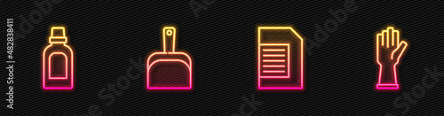 Set line Laundry detergent, Bottle for cleaning agent, Dustpan and Rubber gloves. Glowing neon icon. Vector