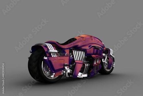 Rear perspective view of a fantasy future cyberpunk motorcycle. 3D rendering isolated on grey background.