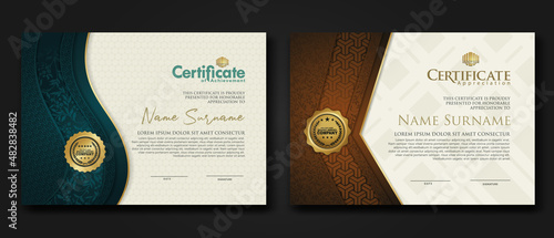 Certificate of achievement and appreciation border template with luxury badge and textured modern floral pattern. For award, business, and education needs