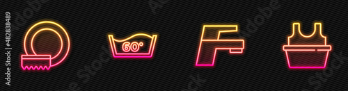 Set line Water tap, Washing dishes, Temperature wash and Basin with shirt. Glowing neon icon. Vector