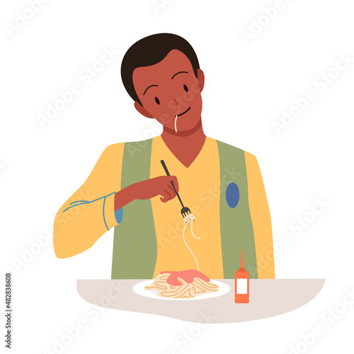 Man eating pasta, Italian food vector illustration. Cartoon student holding fork in hand to eat delicious spaghetti with tomato sauce, guy sitting at table for dinner or lunch isolated on white