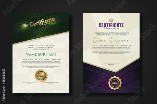 Certificate of achievement and appreciation border template with luxury badge and textured modern floral pattern. For award, business, and education needs