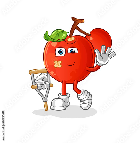 cherries sick with limping stick. cartoon mascot vector