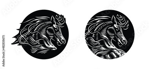 Vector black and white illustration of a horse. Muzzle of a horse with a mane. Beautiful stallion, horse, foal. 