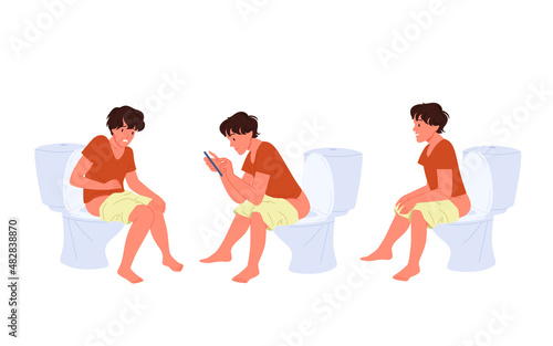 Man sitting on toilet vector illustration. Cartoon male character using smartphone for texting to friends, suffering from stomach pain and constipation isolated on white. Personal hygiene concept