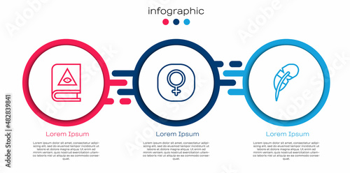 Set line Ancient magic book, Venus and Feather pen. Business infographic template. Vector
