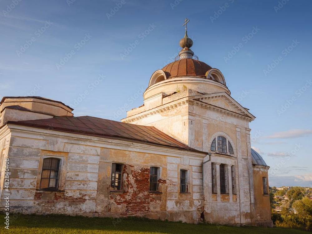 summer travel to Russia, Torzhok city. Novotorzhsky Borisoglebsky Monastery. Architectural monument on high bank of Tvertsa River. one of oldest Russian Orthodox monasteries