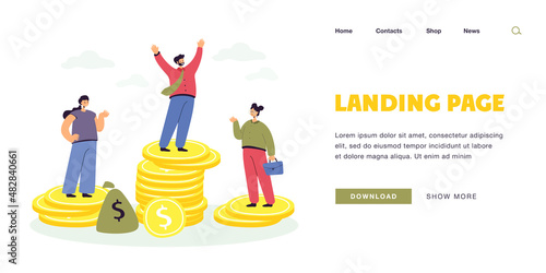 Male and female characters standing on unequal money stacks. Flat vector illustration. Business people of different gender getting disparate salary. Discrimination, job, payment, feminism concept