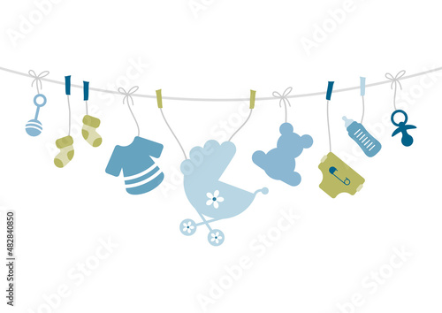 Karte Bogen Hängende Babysymbole Junge Retroblau Olivgrün