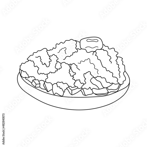 Dakos traditional Greek appetize. Cretan snack with cheese and tomatoes. Vector hand-drawn illustration. Design element for menu cafe, bistro, restaurant.