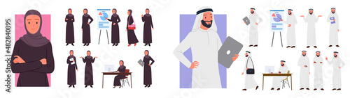 Cartoon young arab woman and man working, pointing on presentation board, walking isolated on white. Saudi businesswoman and businessman in different gestures and poses set vector illustration photo