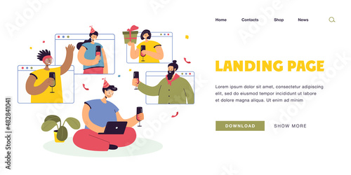 Online birthday party video call. Flat vector illustration. Group of people drinking, celebrating, having fun together in digital space while quarantine. Computer, home, party, hangout concept