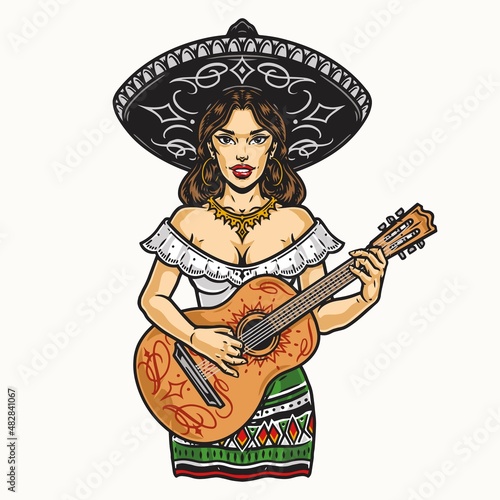 Mexican woman in sombrero playing guitar