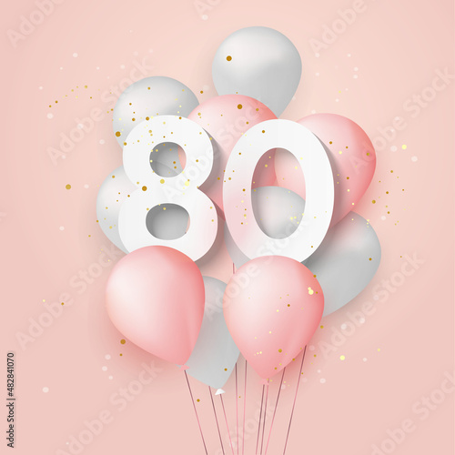 Happy 80th birthday balloons greeting card background. 80 years anniversary. 80th celebrating with confetti. Vector stock	

