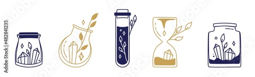 Magic symbols a set of glass jars with crystals esoteric boho mystical hand-drawn elements stone crystals. In gold and blue on a white background. Magical vector elements