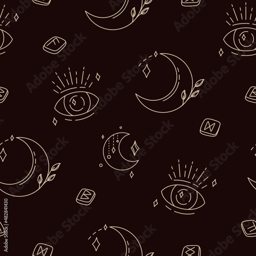 Pattern with magical symbols of boho esotericism mystical hand-drawn elements stone crystals. In gold color on a black background. Magical vector elements